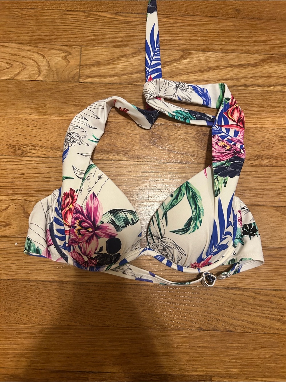 Hapari Cream Floral Bikini Top with Blue, Green, and Pink Accents